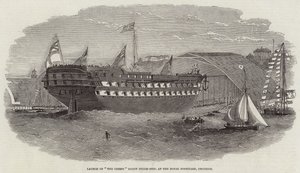 Lanzamiento del barco de vapor Cressy Screw, en el astillero real de Chatham